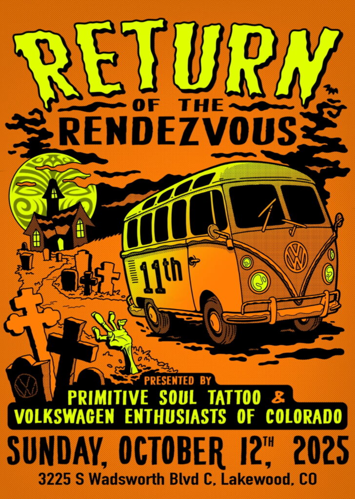 Volkswagen Bus in a spooky setting grave stones in forefront, hand coming ut of the earth moon over spooky house in background Picture contains information about Car Show Return to the Rendezvous