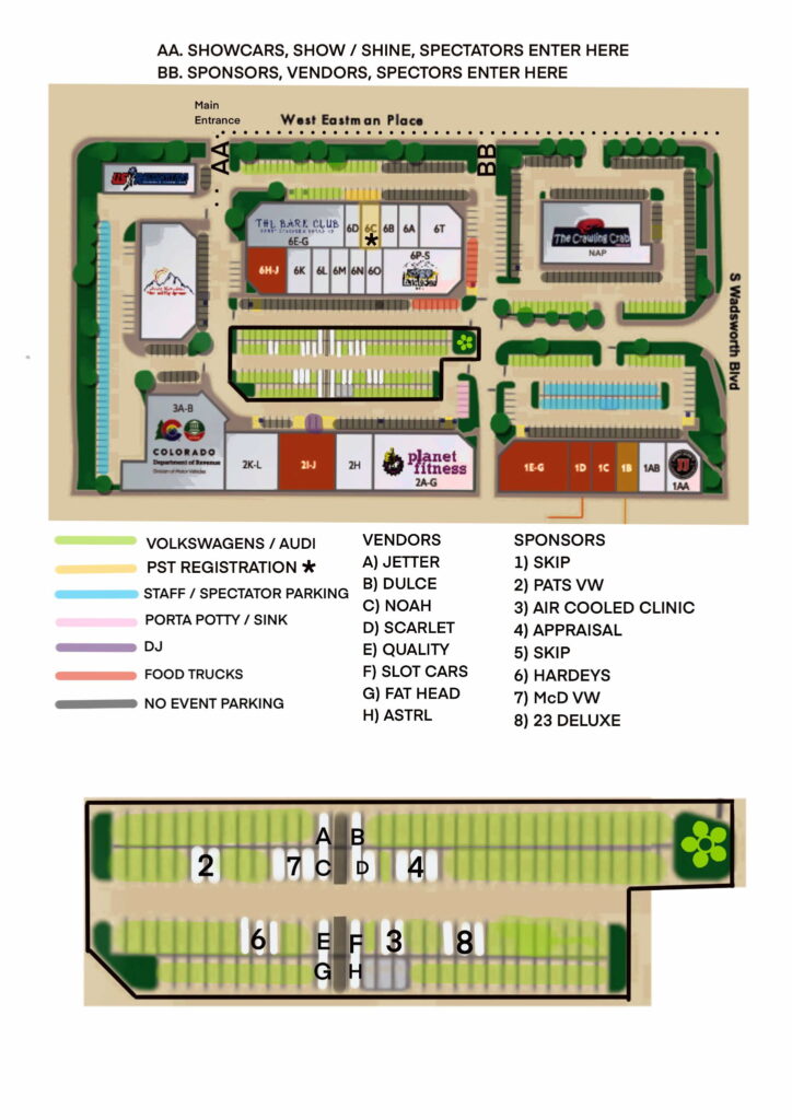 colored map of Shopping Center, with labeling and comments for a car show